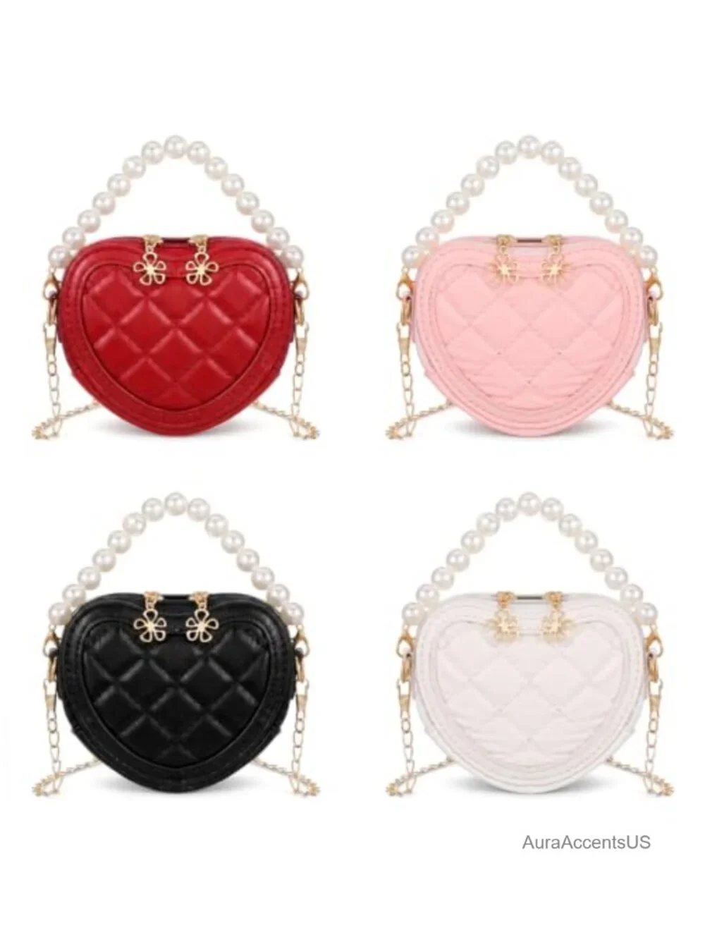 4-Pack Heart Shaped Kids Crossbody Purse with Pearl Handle and Chain Strap, PU